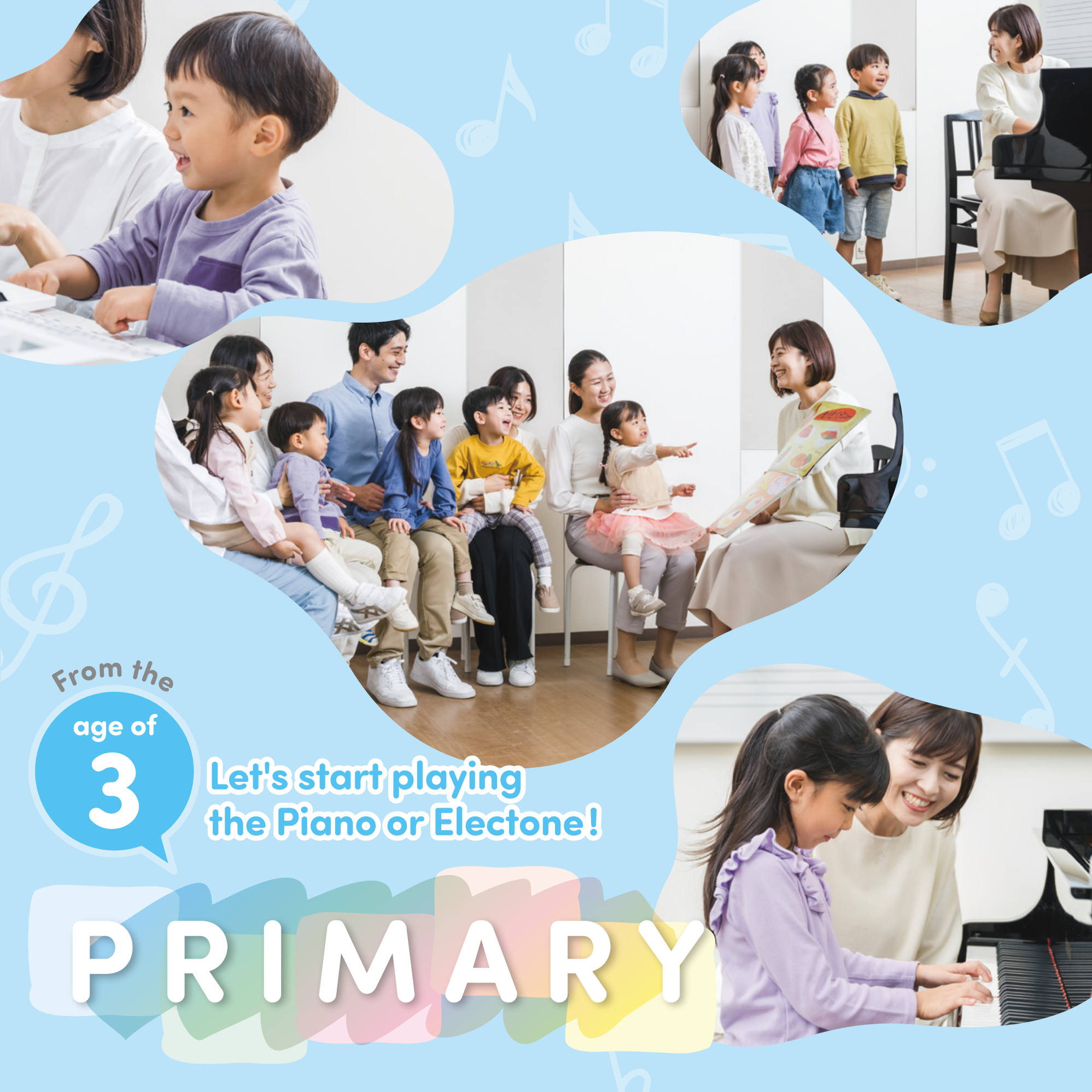 Promotional graphic for Yamaha Primary Course Explorer showing young children starting music lessons from age 3 with group learning and piano instruction